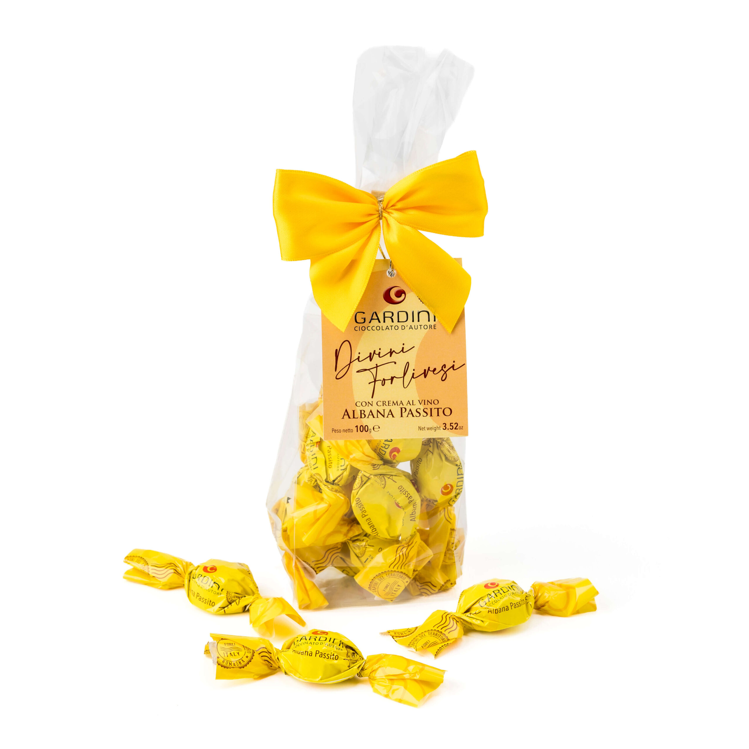 Confezione da 100 g di praline Gardini all'Albana Passito con fiocco giallo