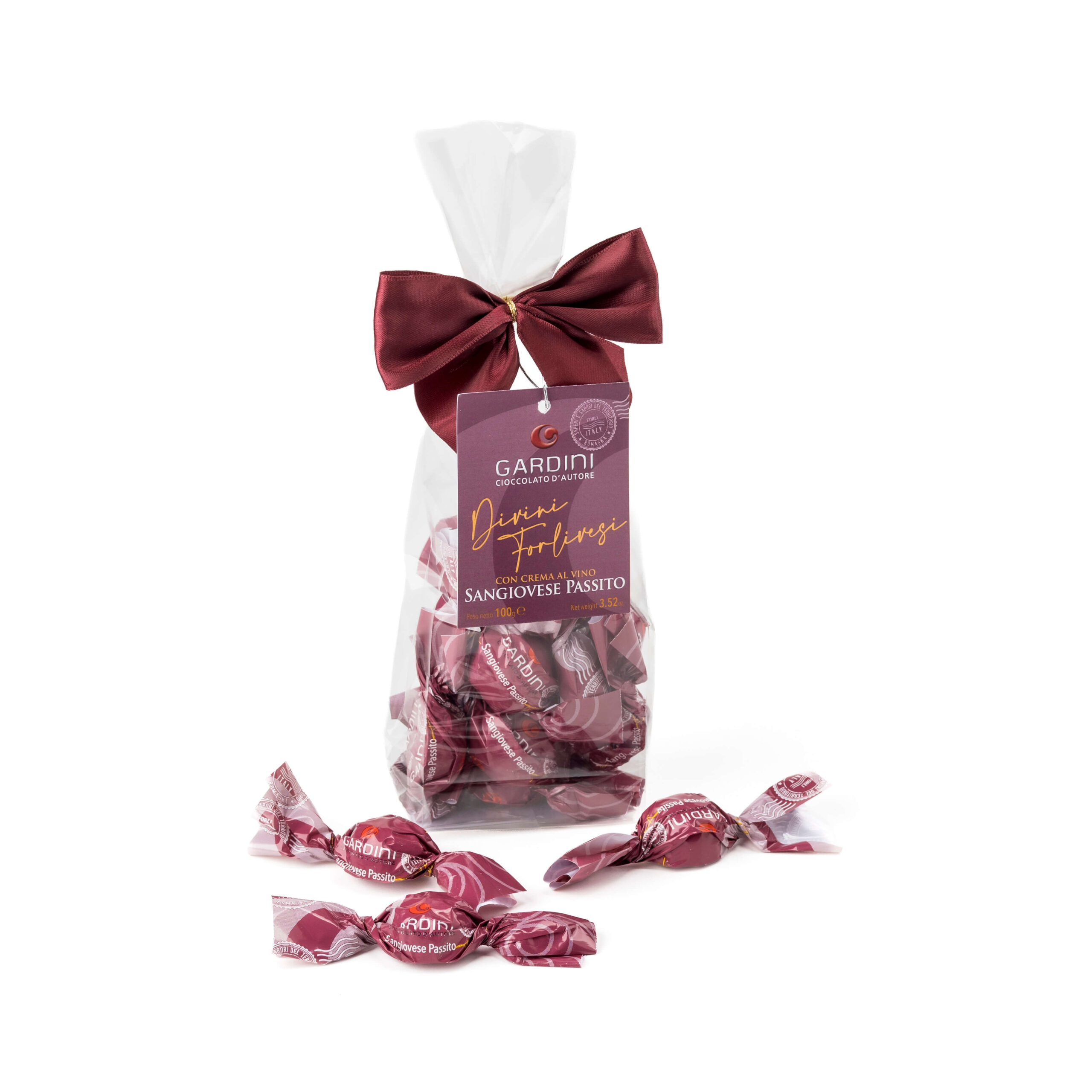 Confezione da 100 g di praline Gardini al Sangiovese Passito con fiocco color borgogna