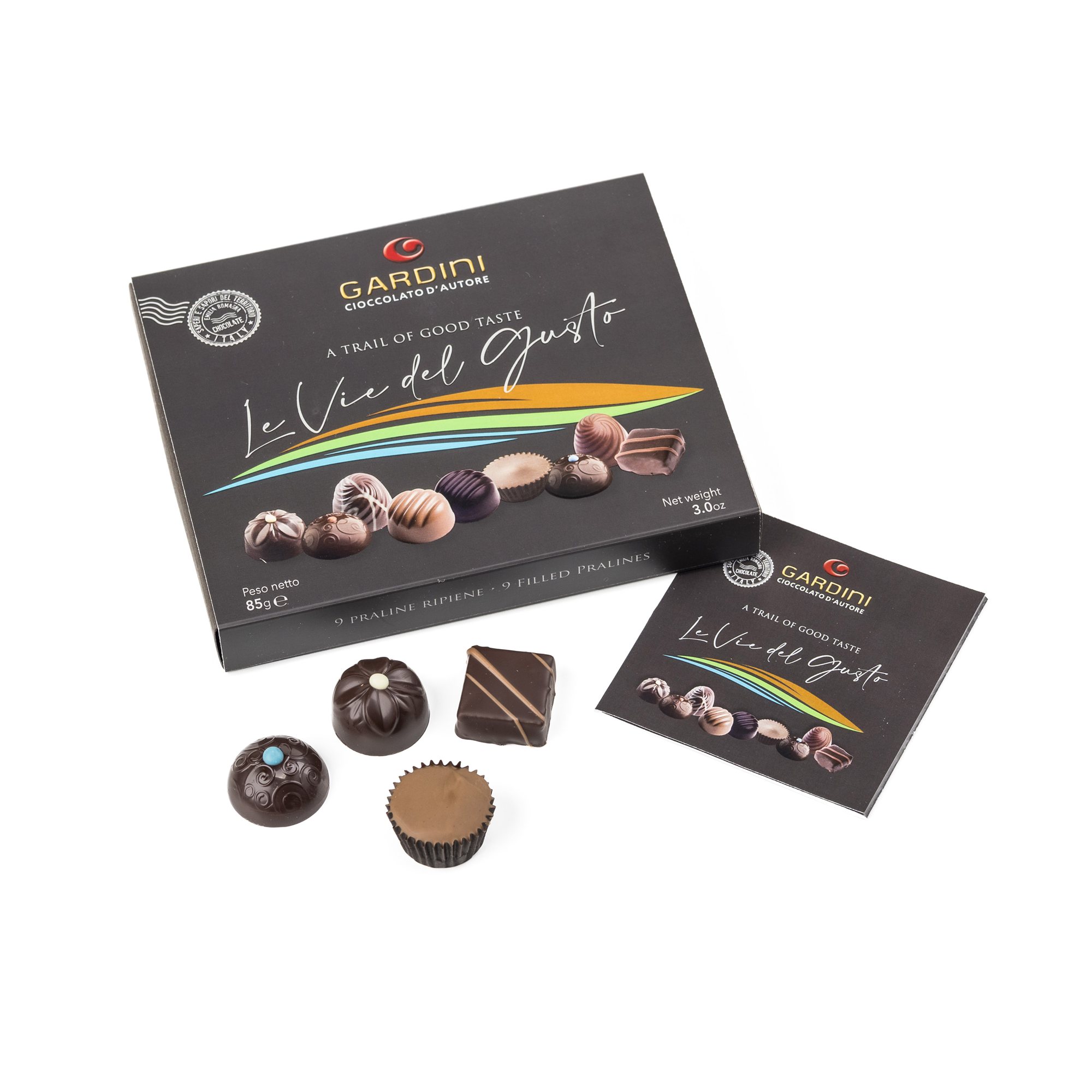 Box of 9 assorted chocolate pralines Le Vie del Gusto Gardini inspired by the flavors of Emilia-Romagna