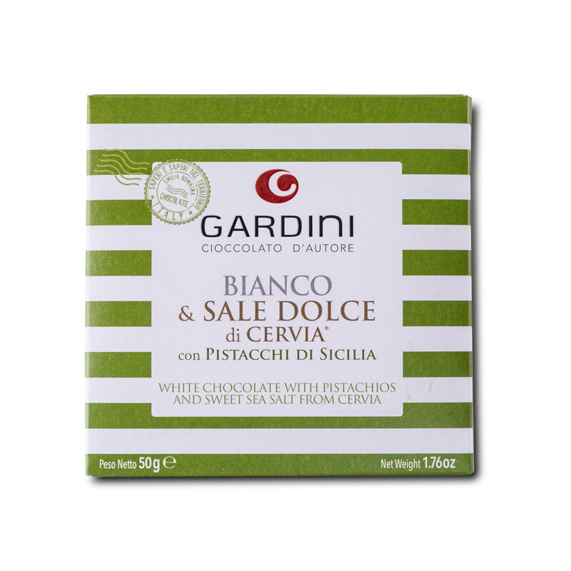 Tavoletta Gardini al cioccolato bianco con sale dolce di Cervia e pistacchi di sicilia