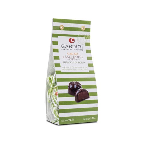 Extra dark chocolate pralines with Sicilian pistachio and Sweet Sea Salt of Cervia by Gardini