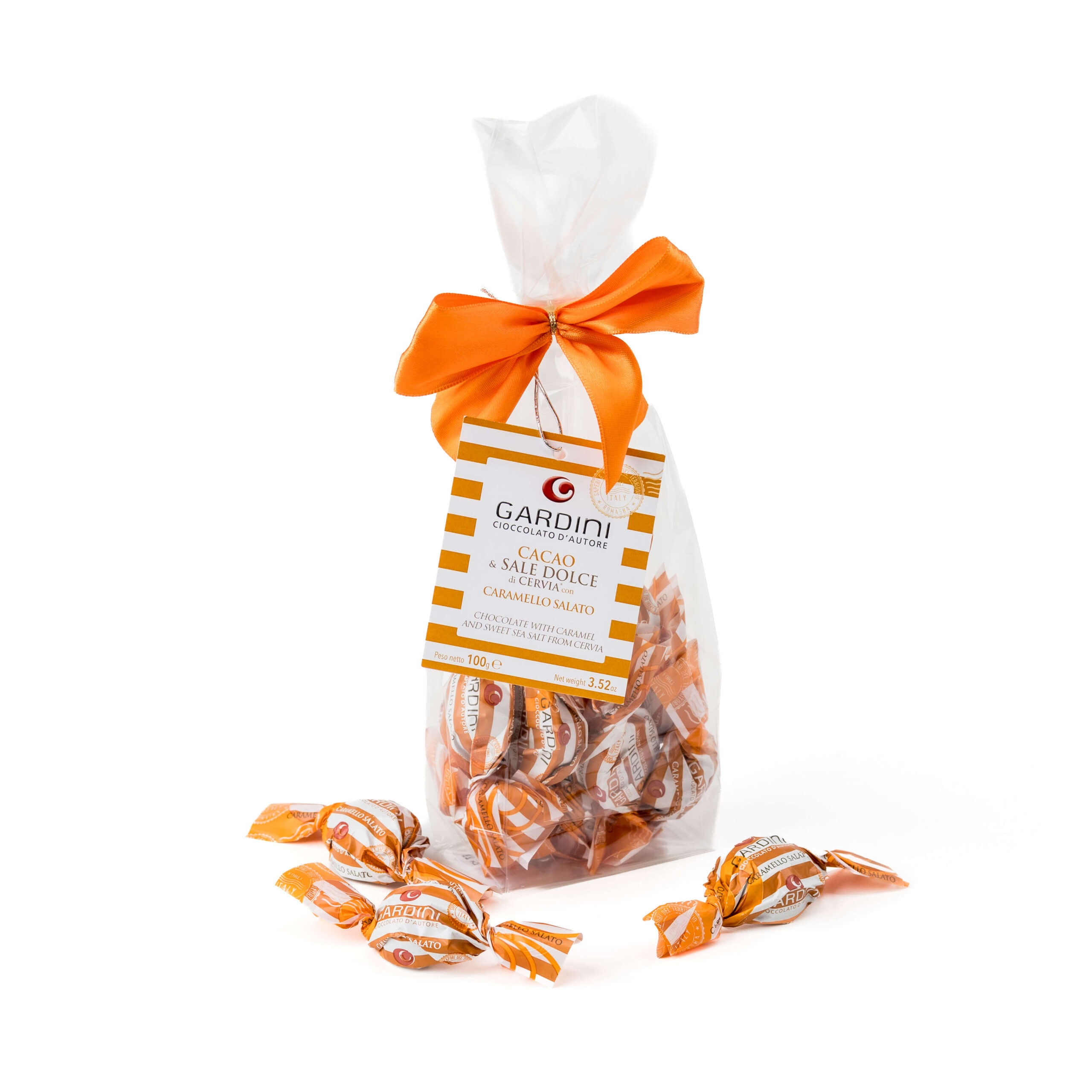 Confezione Gardini di praline al caramello salato e Sale Dolce di Cervia da 100 g con fiocco arancione