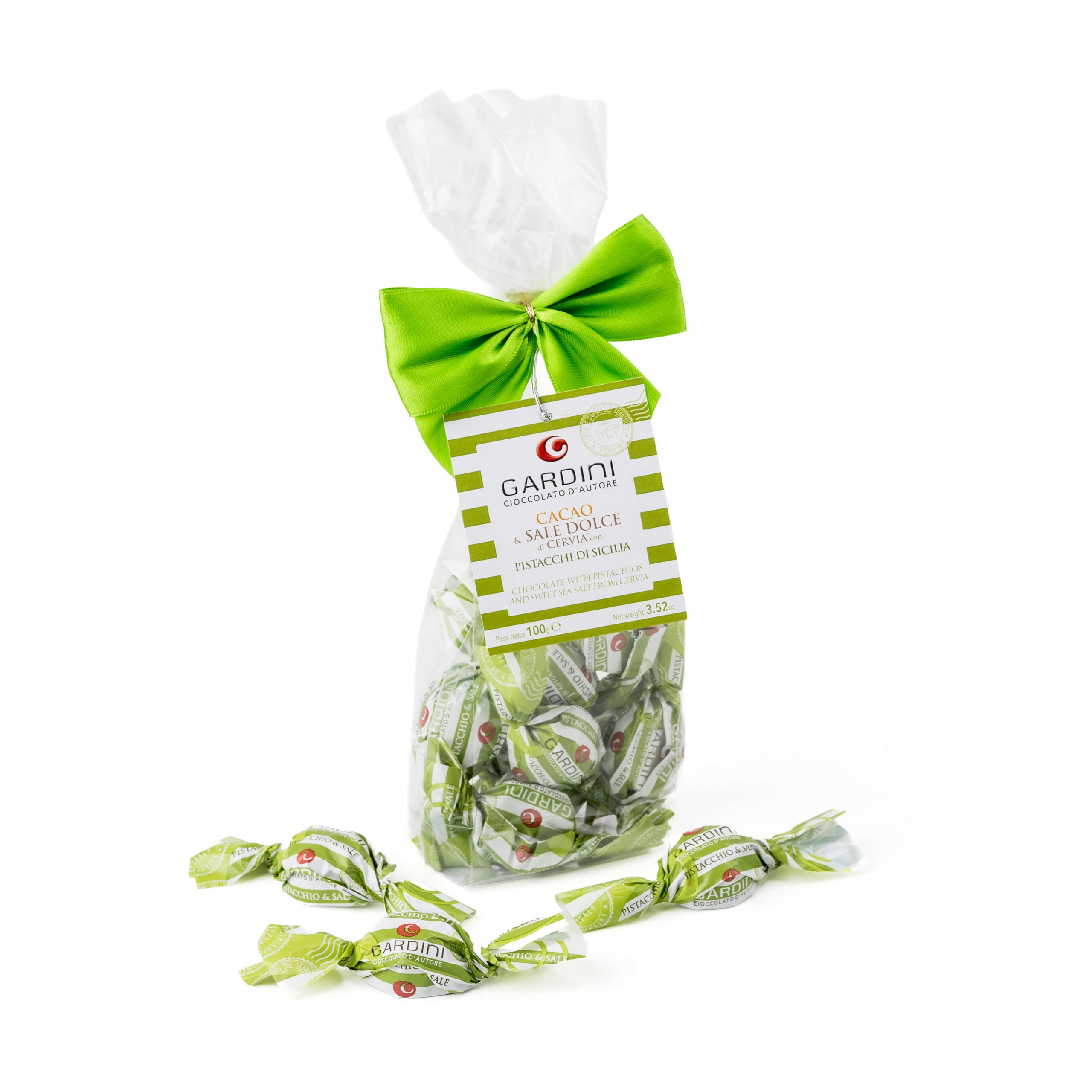Confezione Gardini di praline al pistacchio e Sale Dolce di Cervia da 100 g con fiocco verde