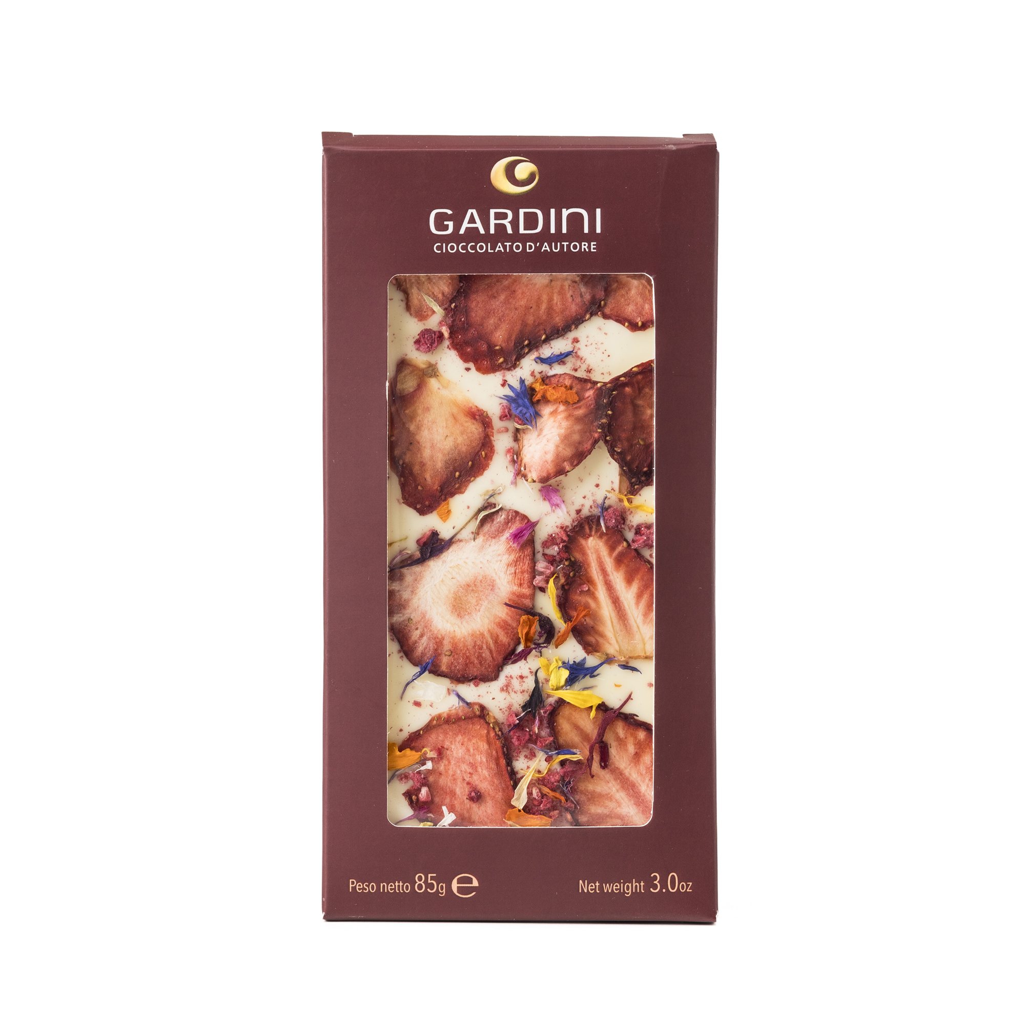 Tavoletta di cioccolato bianco con fragole e lamponi disidratati e fiori eduli Gardini, 85 g