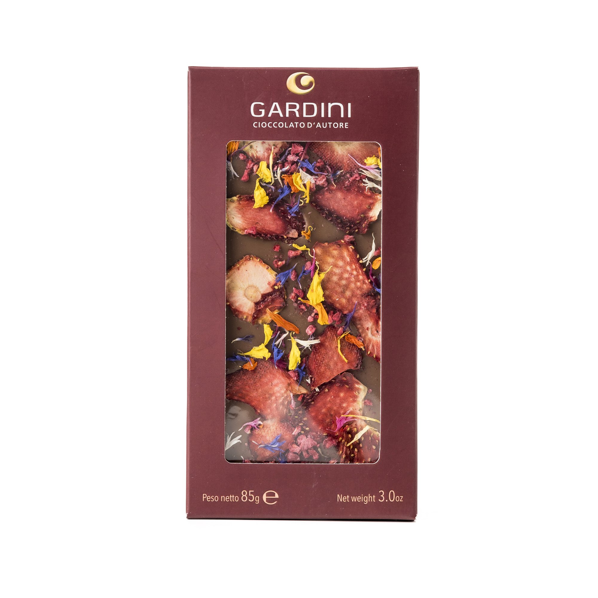 Tavoletta di cioccolato al latte con fragole e lamponi disidratati e fiori eduli Gardini, 85 g