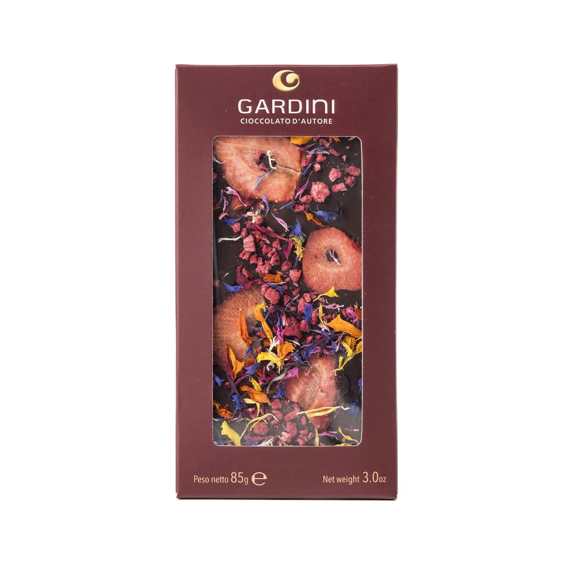 Tavoletta di cioccolato fondente con fragole e lamponi disidratati e fiori eduli Gardini, 85 g
