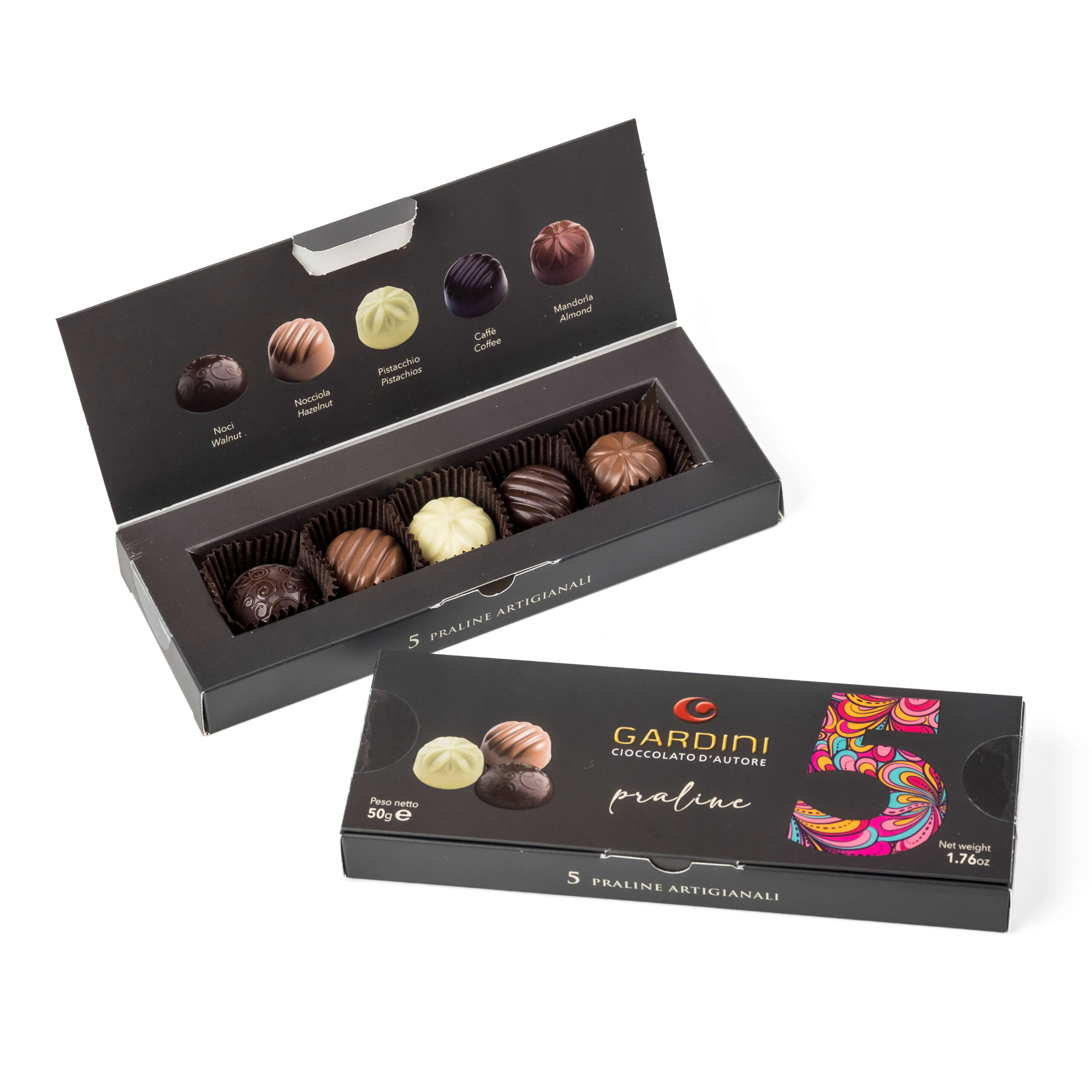 Confezione regalo Gardini da 5 praline assortite di cioccolato artigianale ai gusti noci, nocciola, pistacchio, caffè e mandorla