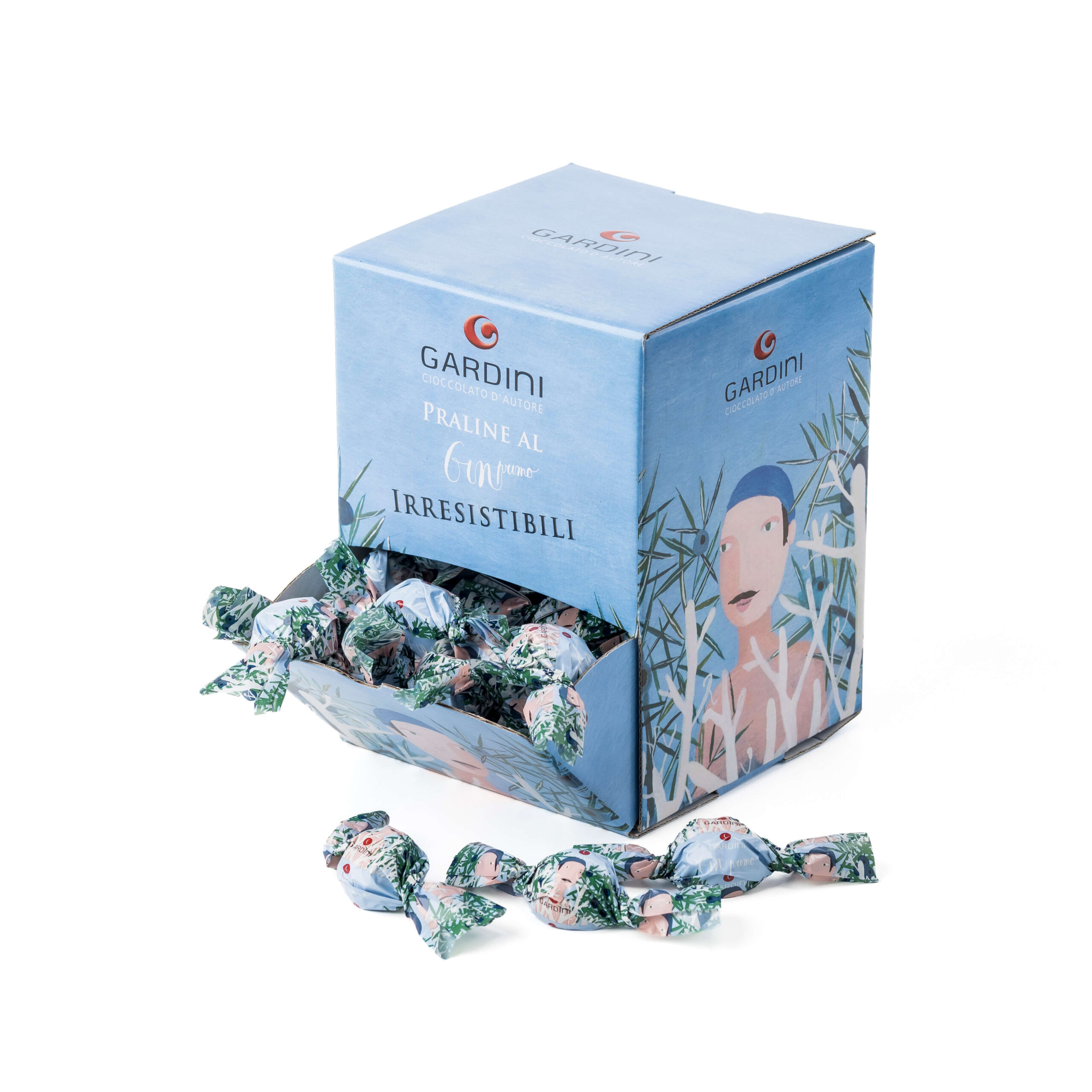 Espositore da banco Gardini con grafica Gin Primo, contenente 80 praline singolarmente incartate per un peso totale di 800 g.
