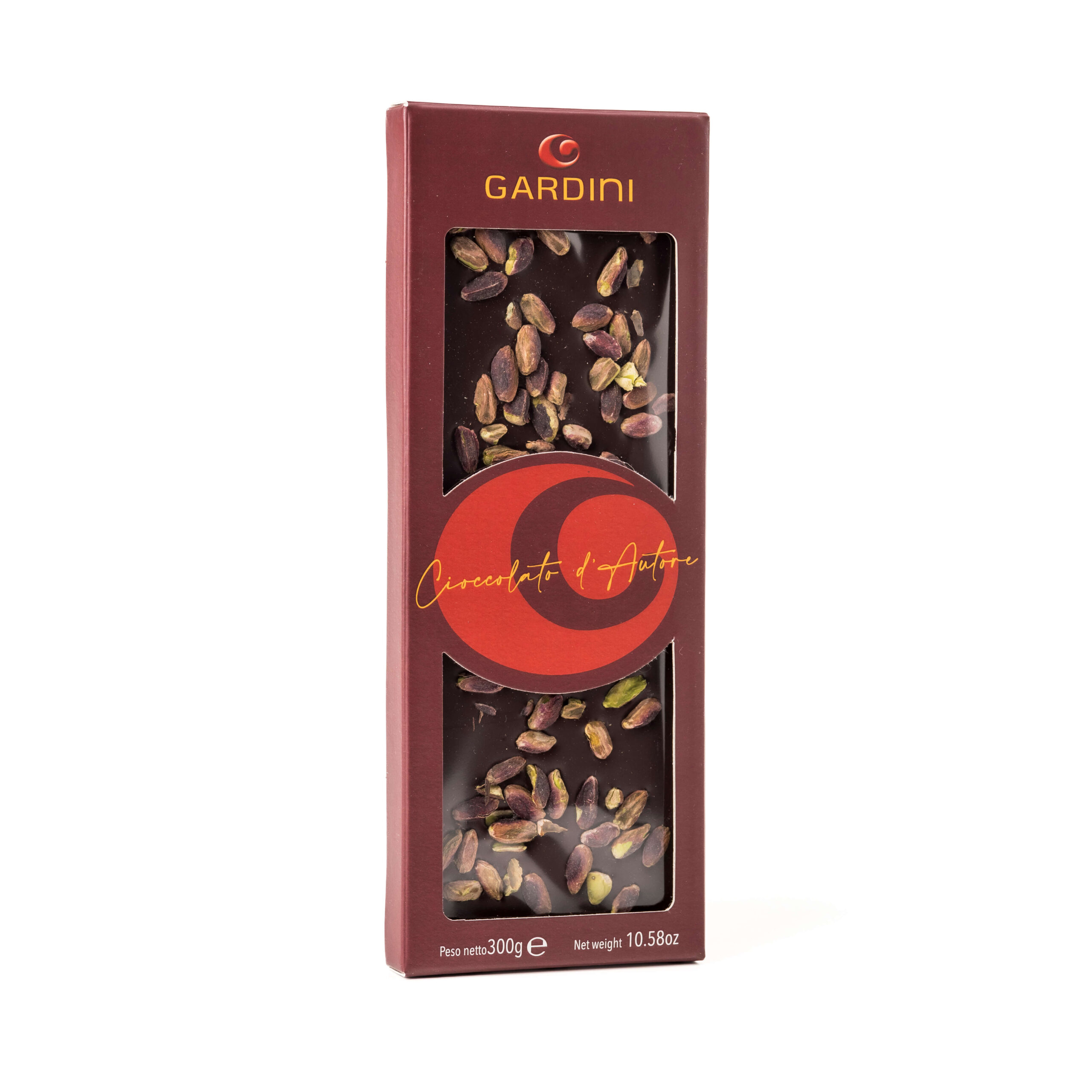Lastra Gardini da 300 g di cioccolato extra fondente 62% con pistacchi di Sicilia