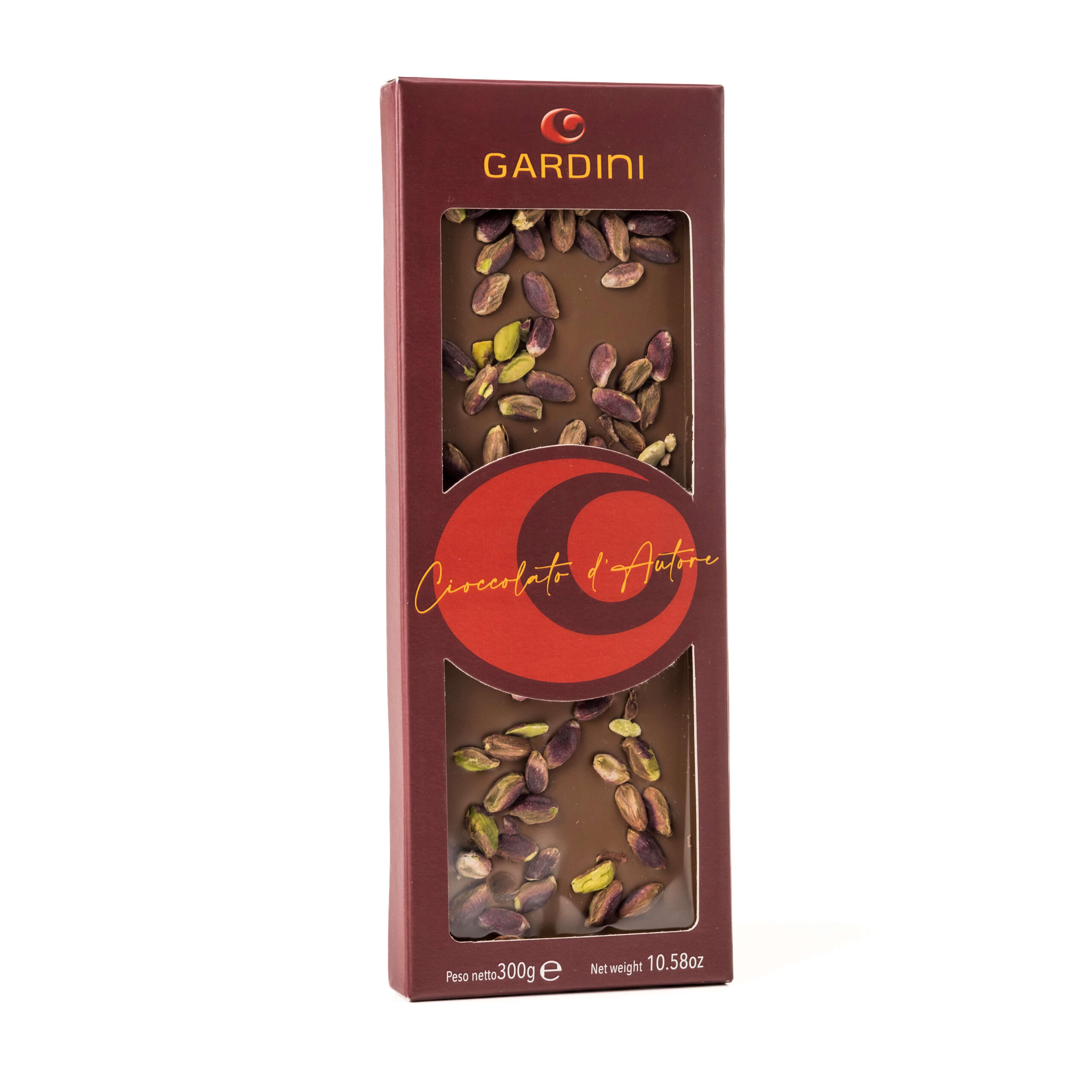 Lastra Gardini da 300 g di cioccolato al latte 32% con pistacchi di Sicilia
