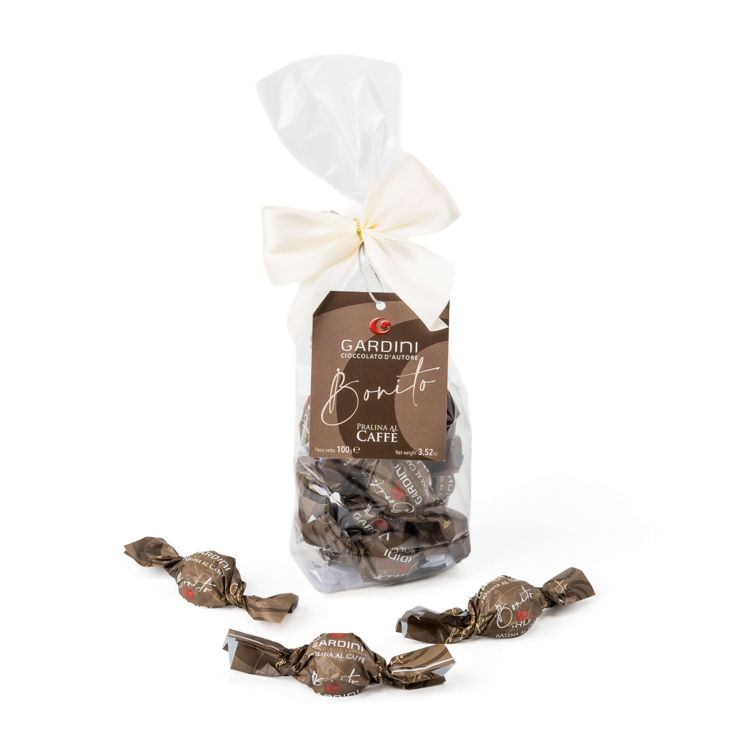 Sacchetto Gardini da 100 g di praline Bonito al caffè con fiocco color avorio