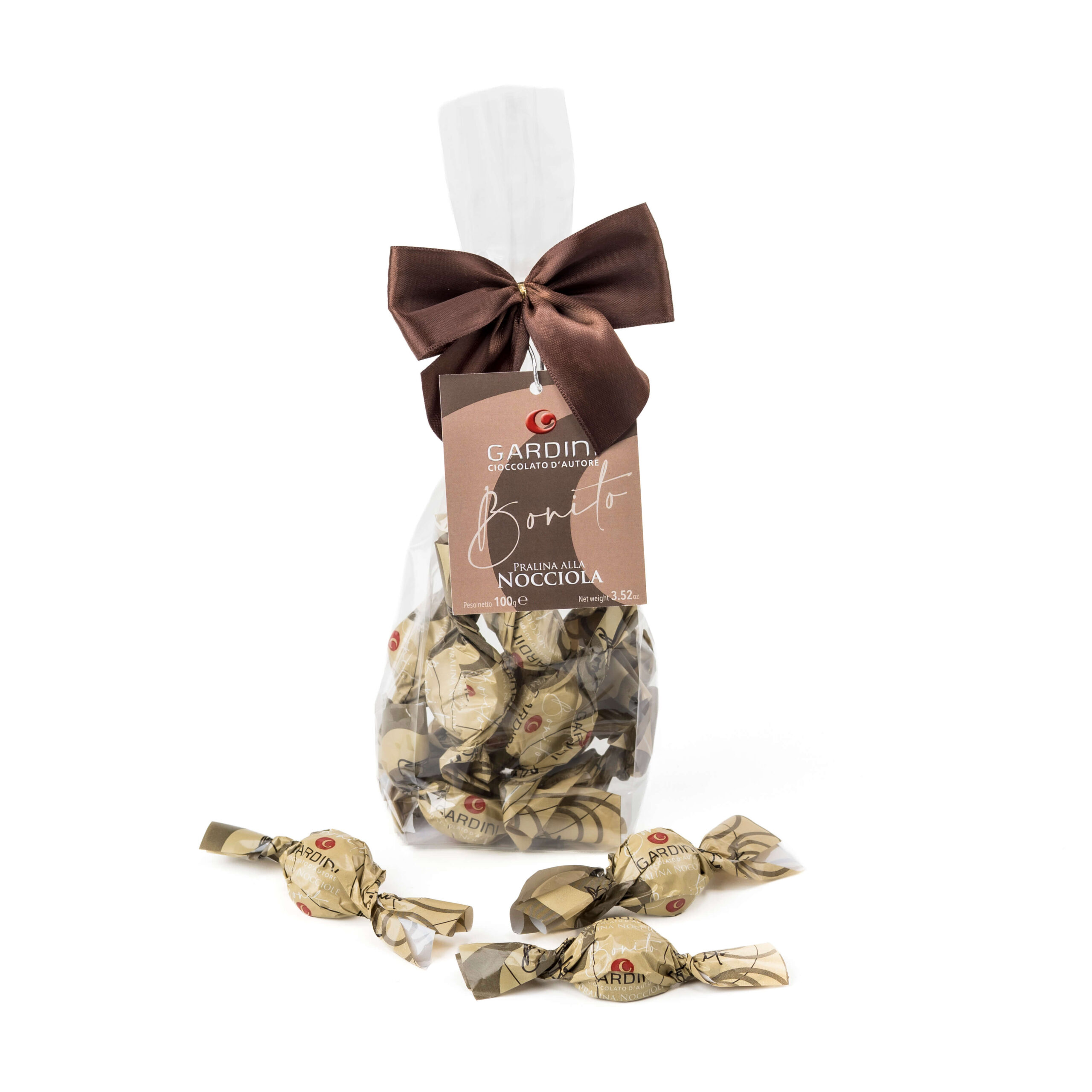 Sacchetto Gardini da 100 g di praline Bonito alla nocciola con fiocco marrone