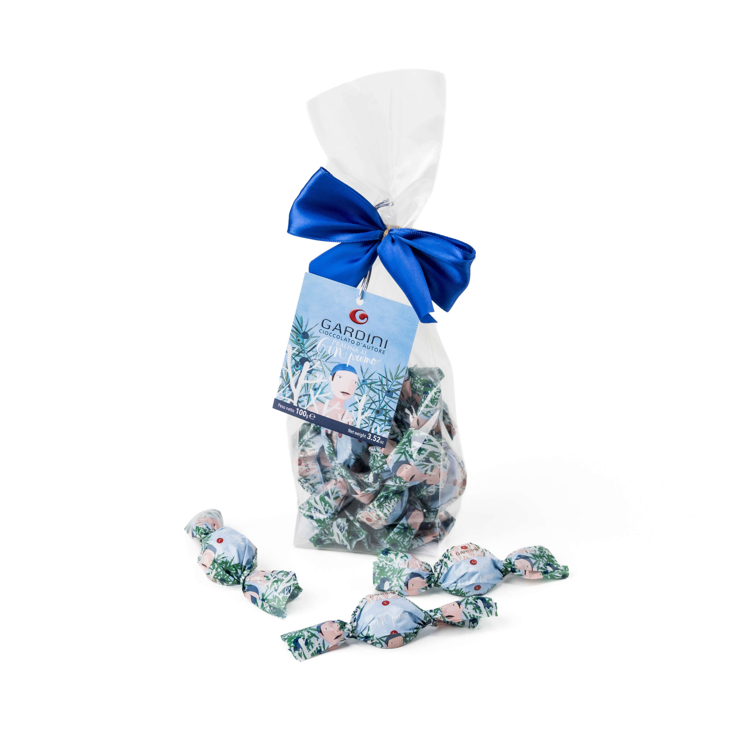 Sacchetto Gardini da 100 g di praline al Gin Primo con fiocco blu e confezioni illustrate